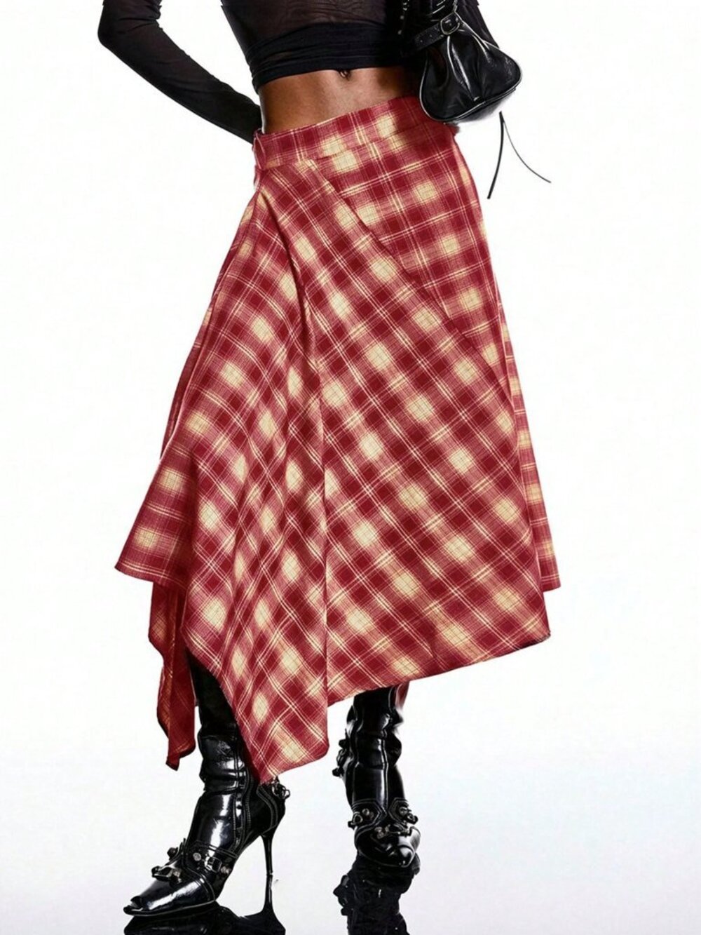Burgundy Casual Women's Asymmetric Hem Plaid Skirt